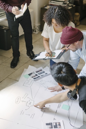 Business people brainstorming ideas using a chart