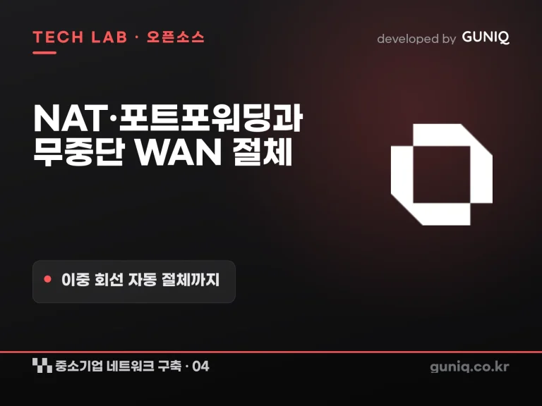 guniq 인사이트 썸네일 — 중소기업 네트워크 구축 – 04. OPNsense 초기 설정: NAT·포트포워딩과 무중단 WAN 절체