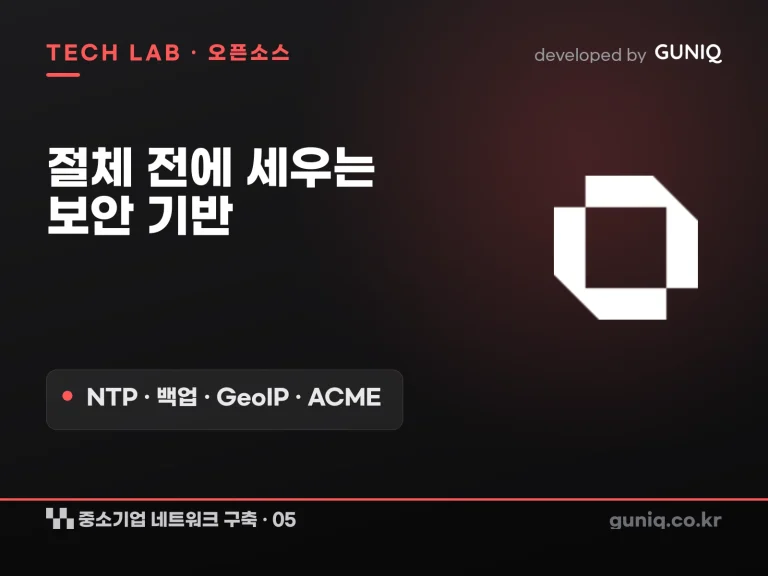 guniq 인사이트 썸네일 — 중소기업 네트워크 구축 – 05. OPNsense 보안 설정 ①: 절체 전 보안 기반 (NTP·백업·GeoIP·ACME)