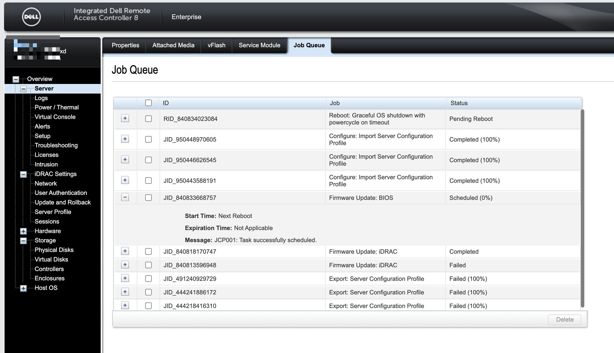 iDRAC Firmware Update / Job Queue (계정 모자이크)