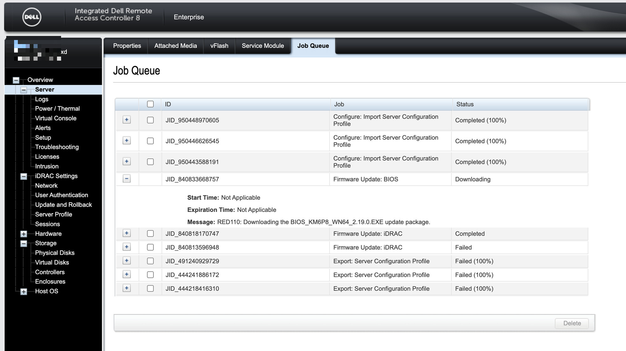 Job Queue BIOS Downloading RED110 (계정 모자이크)