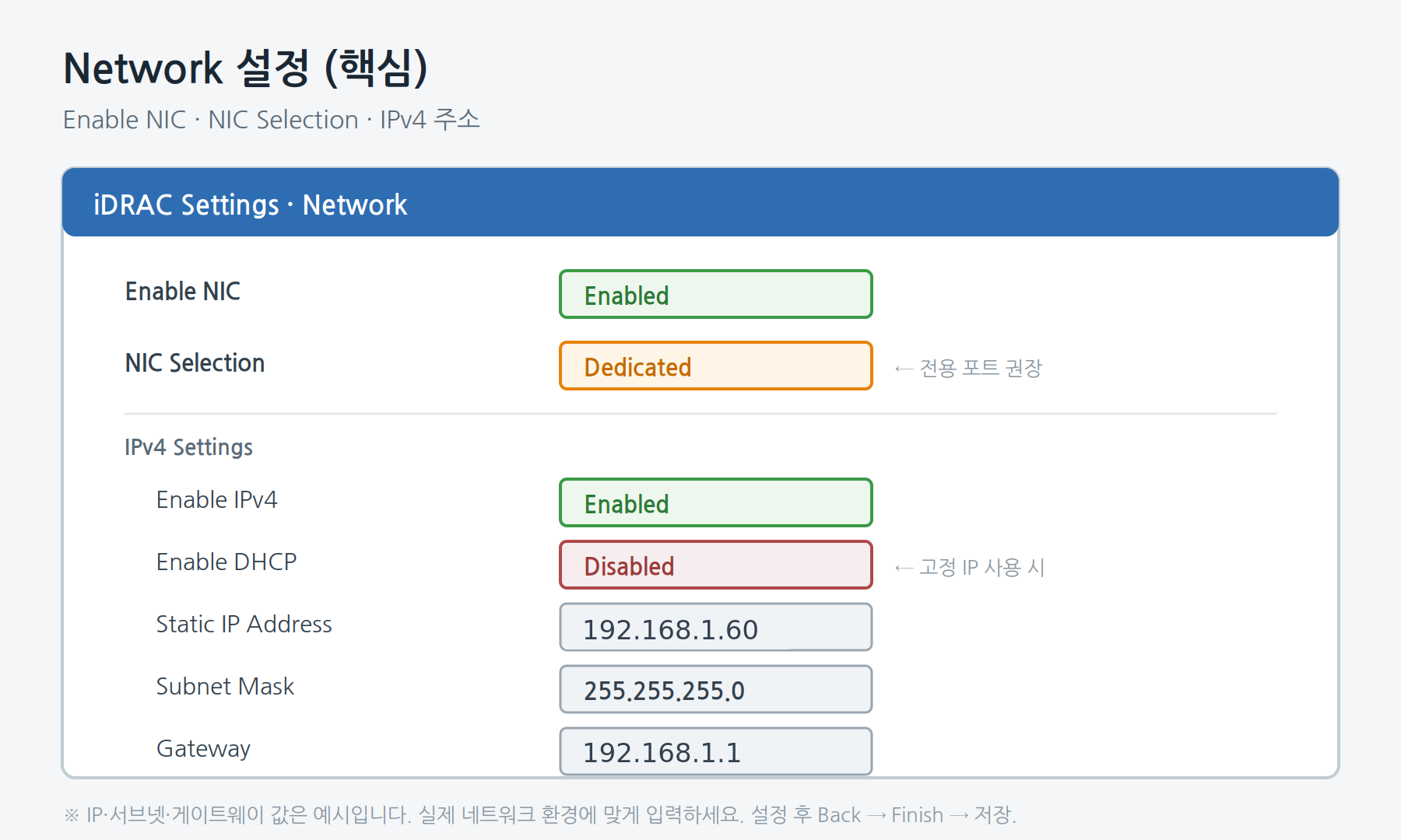 Enable NIC / NIC Selection Dedicated / IPv4 입력 도식
