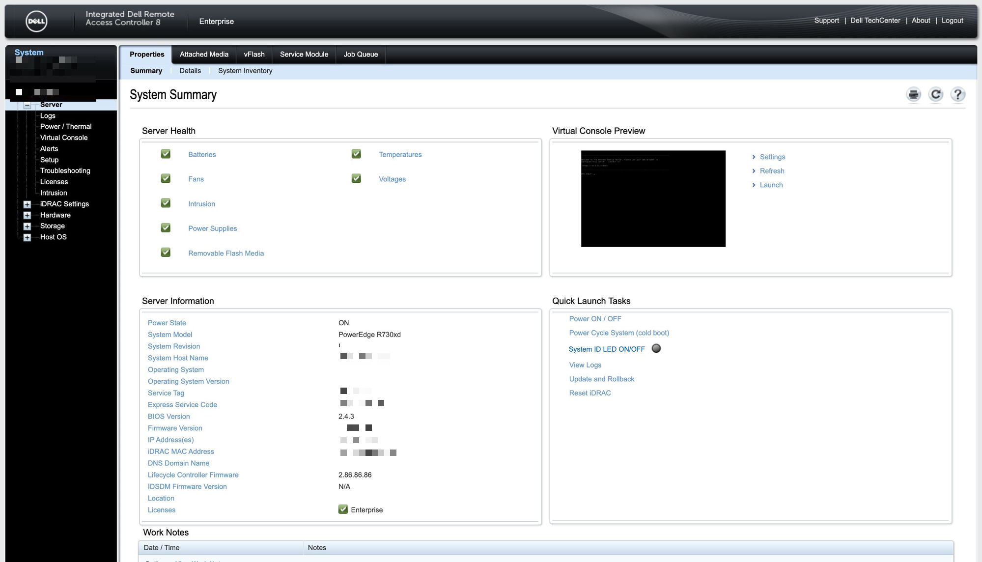 System Summary iDRAC FW 2.86 (식별값 모자이크)