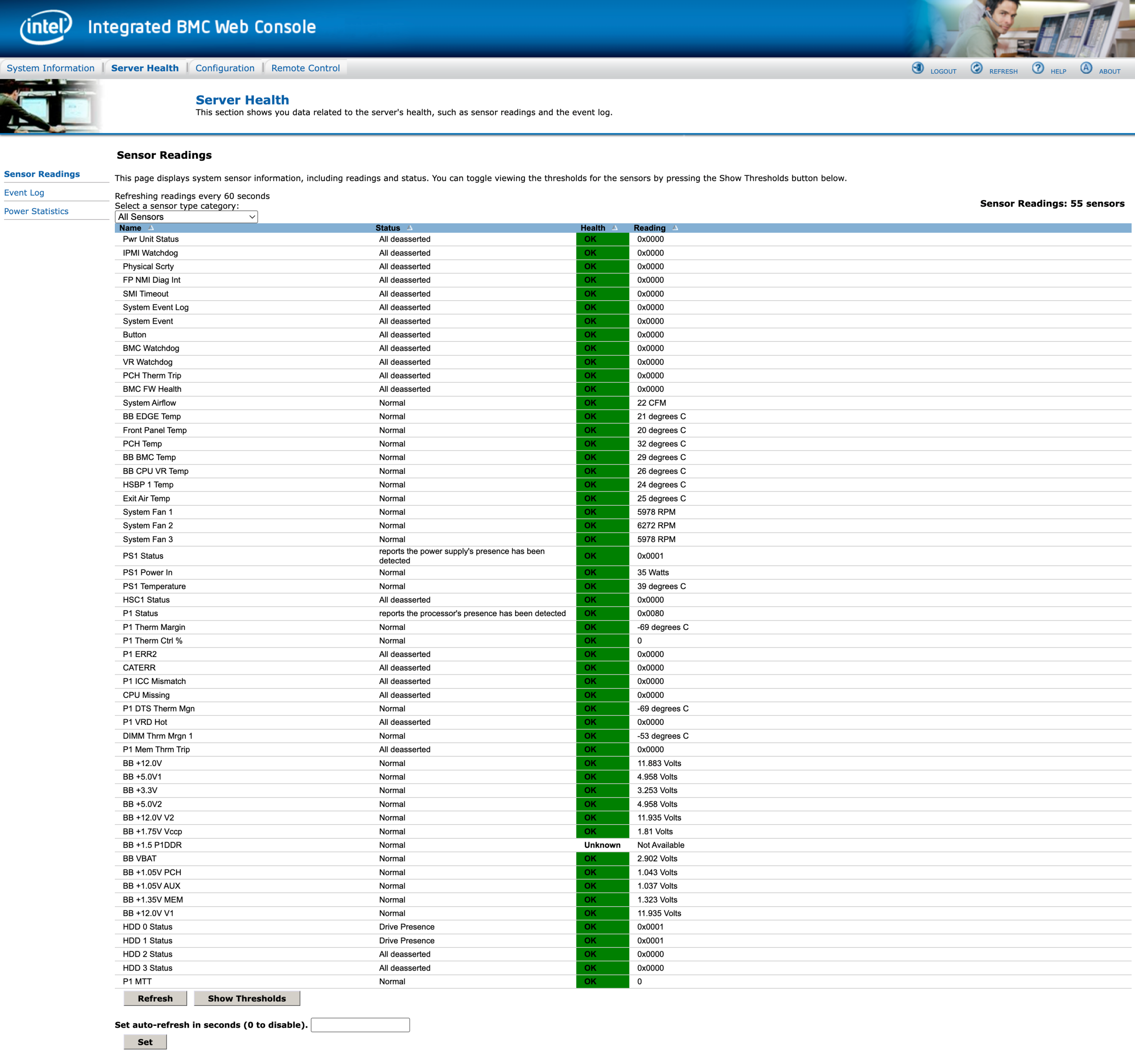Server Health Sensor Readings 목록