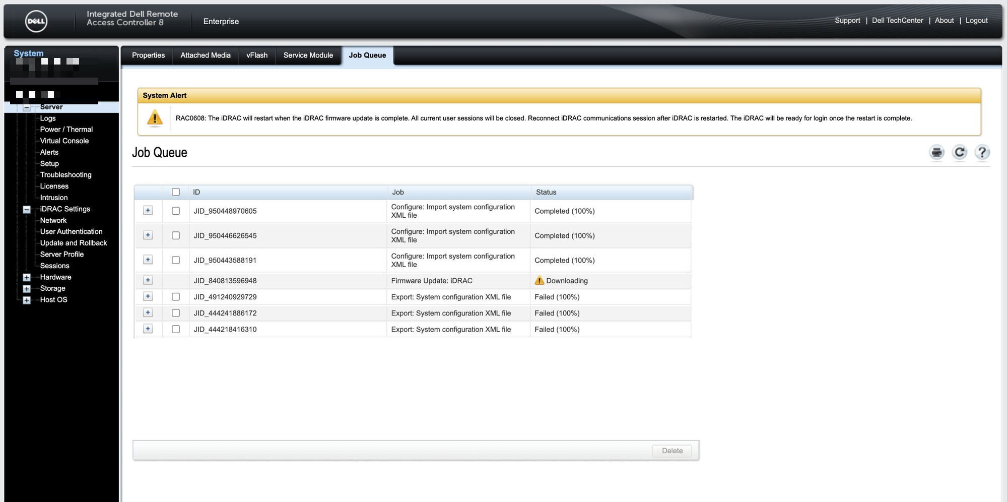 Job Queue iDRAC Downloading RAC0608 (계정 모자이크)