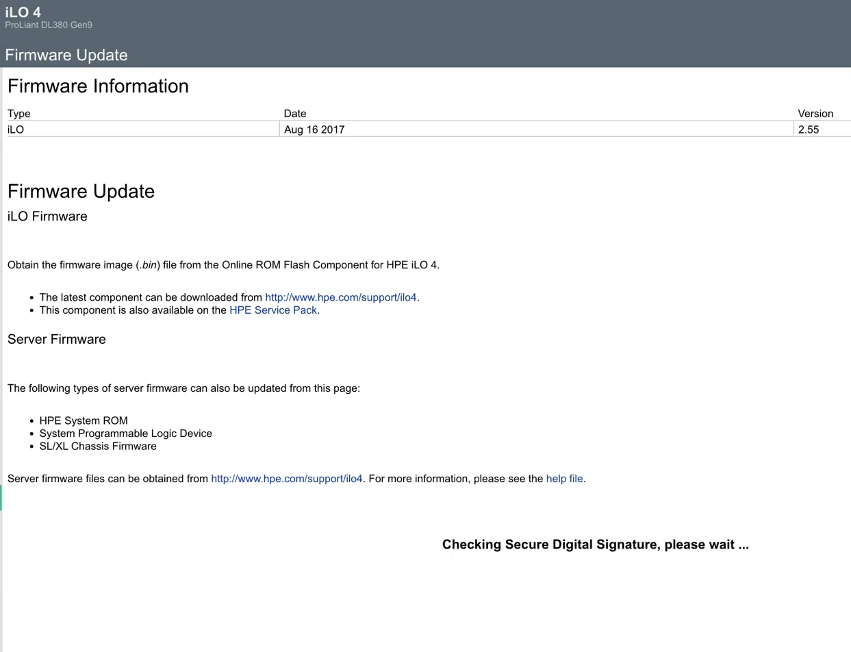 iLO Firmware Checking Secure Digital Signature 화면, Version 2.55