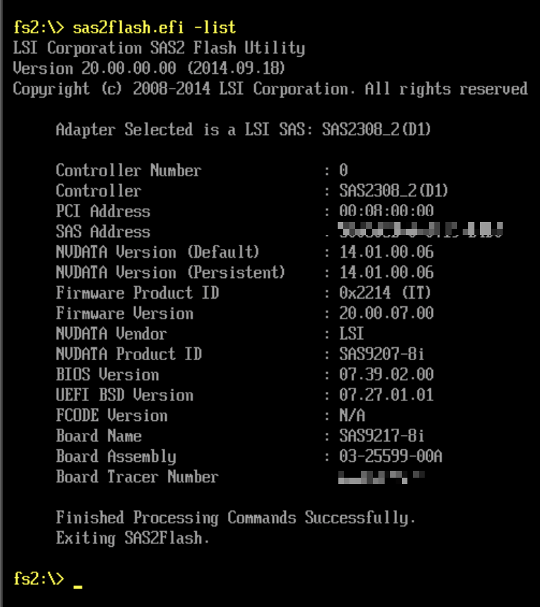sas2flash.efi -list 출력, IT 모드 0x2214 (SAS 주소·보드 시리얼 모자이크)