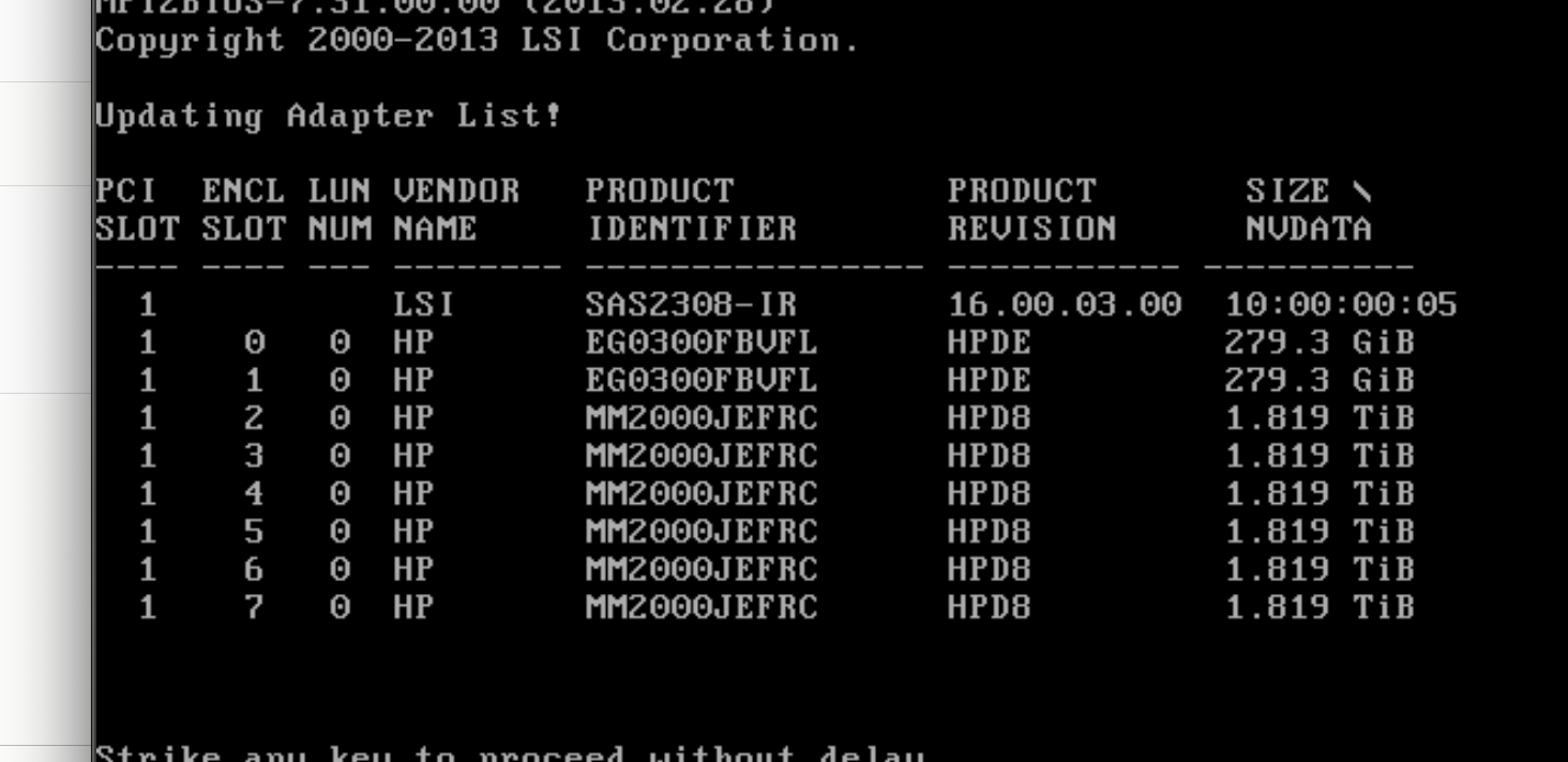 POST 화면 LSI MPT SAS2 BIOS 디스크 목록