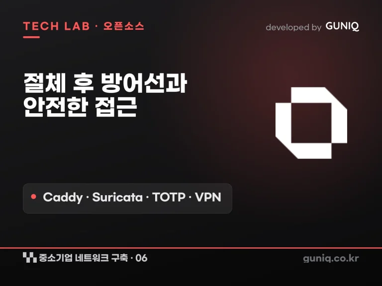 guniq 인사이트 썸네일 — 중소기업 네트워크 구축 – 06. OPNsense 보안 설정 ②: 절체 후 방어선과 접근 (Caddy·Suricata·TOTP·VPN)