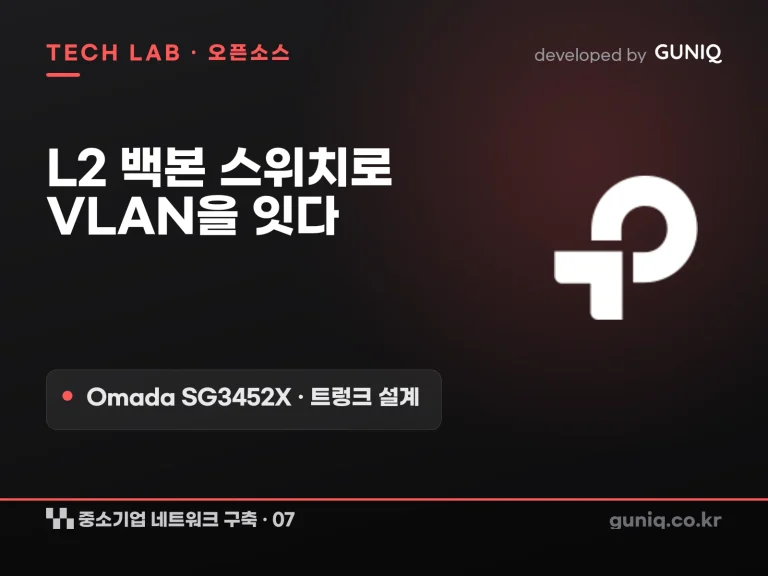 guniq 인사이트 썸네일 — 중소기업 네트워크 구축 – 07. Omada 백본 스위치: L2 VLAN과 트렁크 (SG3452X Standalone)