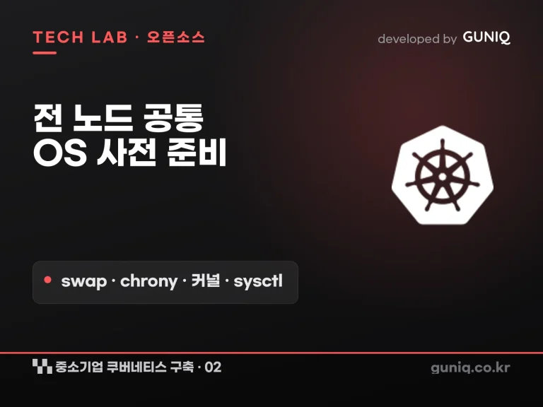 guniq 인사이트 썸네일 — 중소기업 쿠버네티스 구축 – 02. OS 사전 준비: 전 노드 공통 세팅 (swap·chrony·커널 모듈·sysctl)