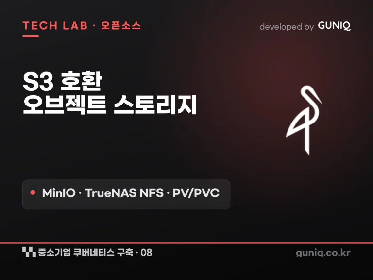 guniq 인사이트 썸네일 — 중소기업 쿠버네티스 구축 – 08. 오브젝트 스토리지: S3 호환 구축 (MinIO·TrueNAS NFS·PV/PVC)