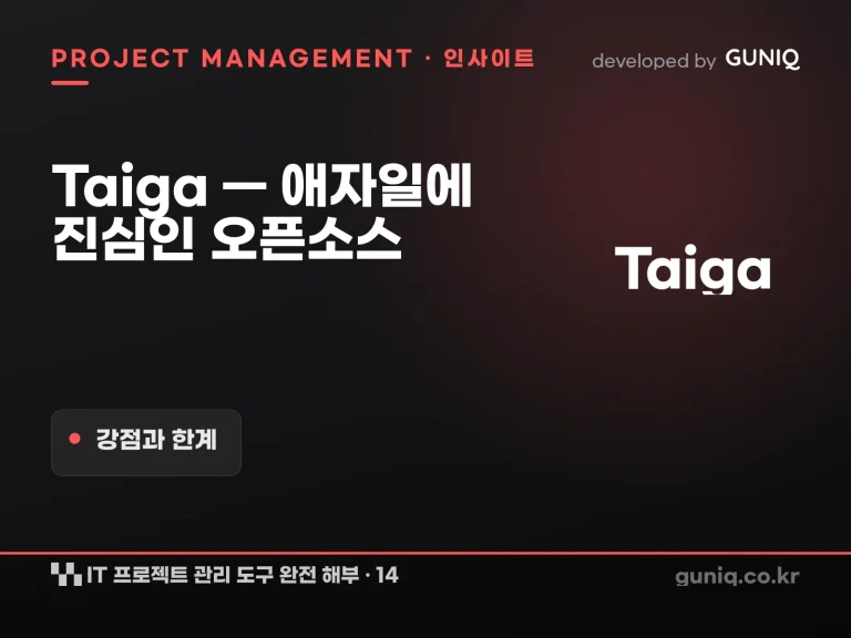 guniq 인사이트 썸네일 — IT 프로젝트 관리 도구 완전 해부 – 14. Taiga — 애자일에 진심인 오픈소스