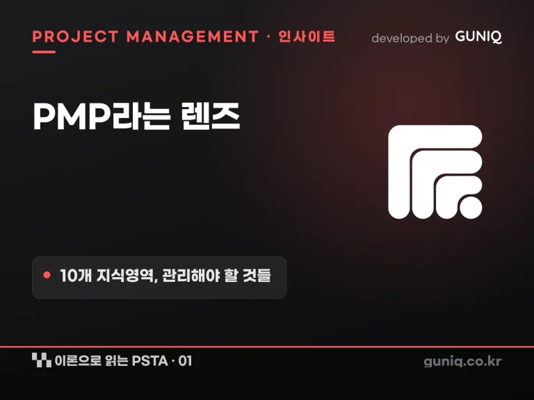 guniq 인사이트 썸네일 — 이론으로 읽는 PSTA – 01. PMP라는 렌즈 — 10개 지식영역이 말하는 “관리해야 할 것들”