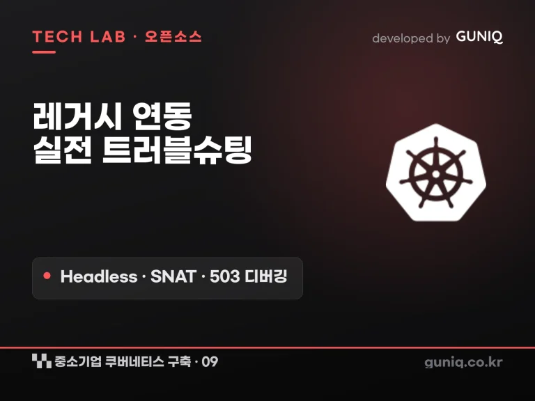 guniq 인사이트 썸네일 — 중소기업 쿠버네티스 구축 – 09. 워크로드와 레거시 연동: 실전 트러블슈팅 (Headless Service·SNAT·503 디버깅)