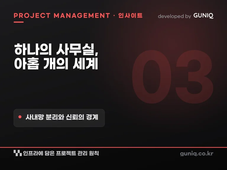 guniq 인사이트 썸네일 — 하나의 사무실, 아홉 개의 세계 — 사내망 분리에 담은 신뢰의 경계와 프로젝트 관리 원칙