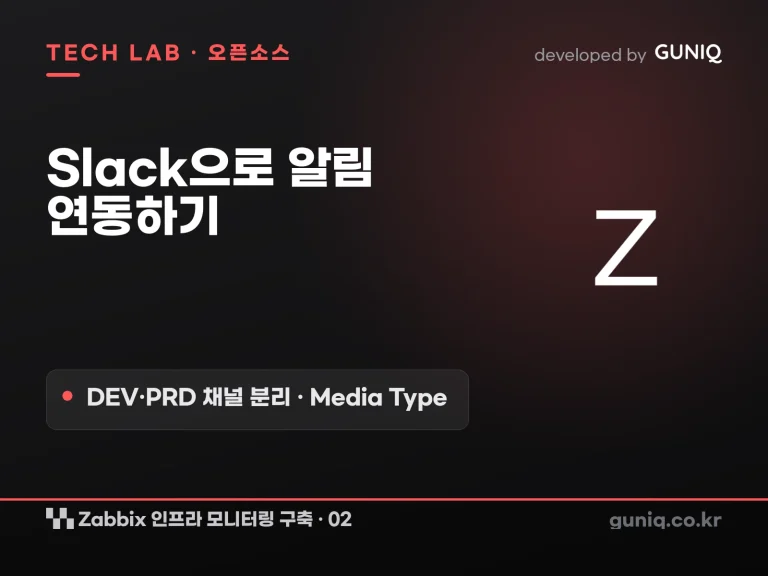 guniq 인사이트 썸네일 — Zabbix 인프라 모니터링 구축 – 02. 알림 연동: Slack Webhook과 DEV·PRD 채널 분리 (Media Type·Action)