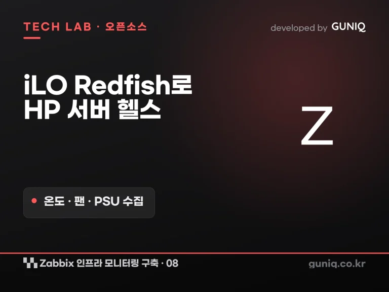 guniq 인사이트 썸네일 — Zabbix 인프라 모니터링 구축 – 08. HP 하드웨어: iLO 4 Redfish API로 서버 헬스 수집 (온도·팬·PSU)