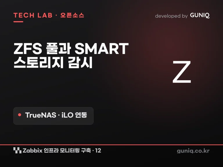 guniq 인사이트 썸네일 — Zabbix 인프라 모니터링 구축 – 12. 스토리지 감시: TrueNAS ZFS 풀·SMART 모니터링 (TrueNAS·iLO 연동)