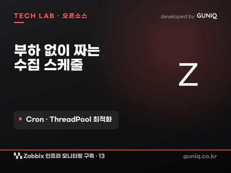 guniq 인사이트 썸네일 — Zabbix 인프라 모니터링 구축 – 13. 스케줄 최적화: 수집 주기를 부하 없이 설계하는 법 (Cron·ThreadPool)
